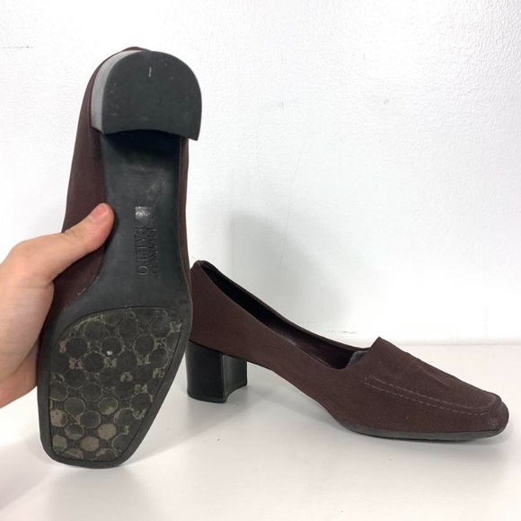 VINTAGE BROWN STRETCHY FABRIC CLASSY MOCASSIN SMALL CHUNKY HEEL - Picture 4 of 4